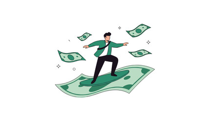 Fototapeta premium Modern flat design illustration of a man surfing on a large dollar bill with other banknotes flying around him in the air.
