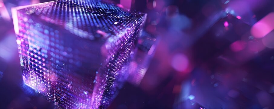 Abstract geometric shape with shimmering purple and blue lights