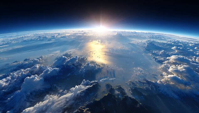 View of earth from space with clouds and sun rays shining through the atmosphere at sunrise time