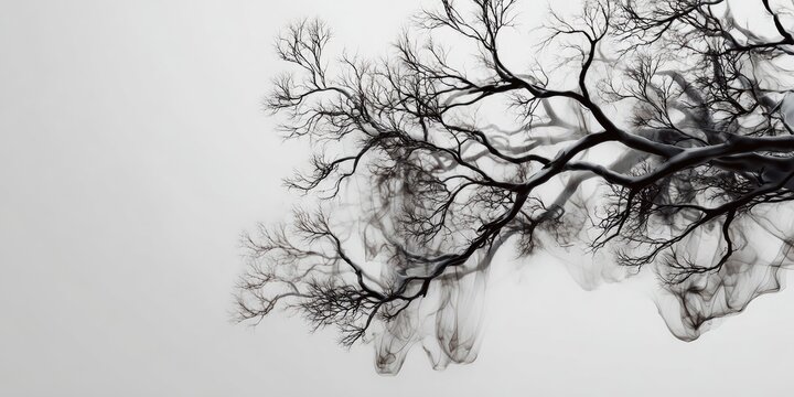 Stark, bare branches resembling smoke or mist against a light background