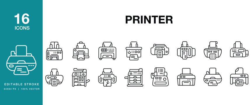 Printer icon set. Includes printer, printing, document, paper, ink, toner and More. Editable Stroke Icon Collection.