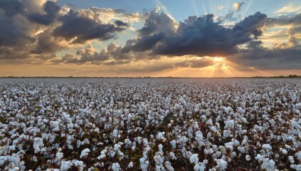 Fototapeta premium Sunburst over vast field of fluffy white cotton under dramatic sky