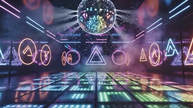 A sparkling disco ball shines over a vibrant neon dance floor with smoke.