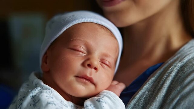 A Tender Moment: Newborn Baby Peacefully Sleeping in Mother's Embrace, Showcasing the Unbreakable Bond Between Parent and Child in a Serene, Loving Atmosphere Filled with Warmth.
