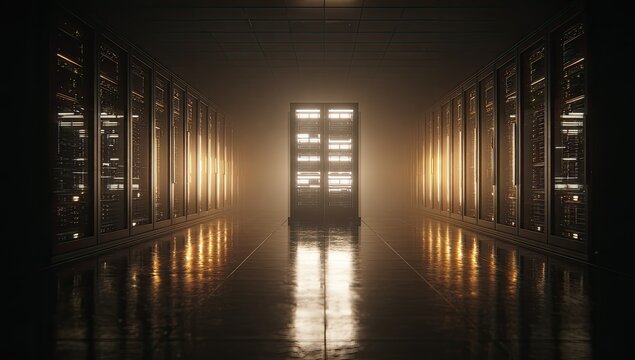 Dimly lit server room with glowing racks and hazy atmosphere