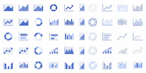 Collection of blue data visualization icons and chart symbols