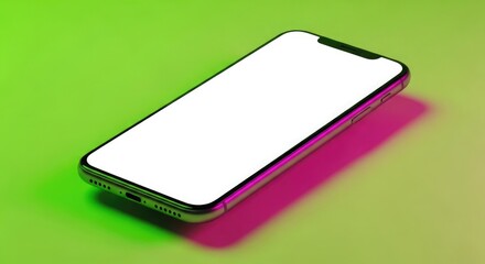 Smartphone with blank screen on vibrant green background with pink shadow, viewed from above, showcasing modern technology and sleek design.