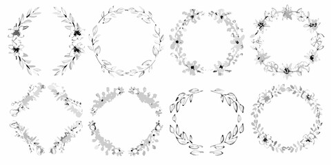 Obraz premium Floral wreaths and branches in a monochromatic hand drawn style