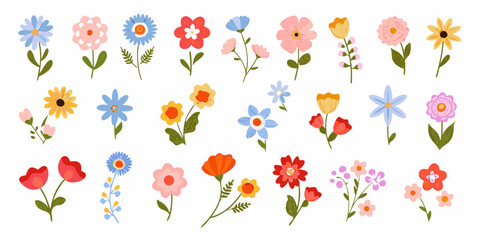 Collection of colorful cartoon style flowers arranged on a white background