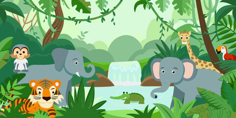 Cartoon jungle scene featuring elephants monkeys a tiger and a giraffe © Rathindranath