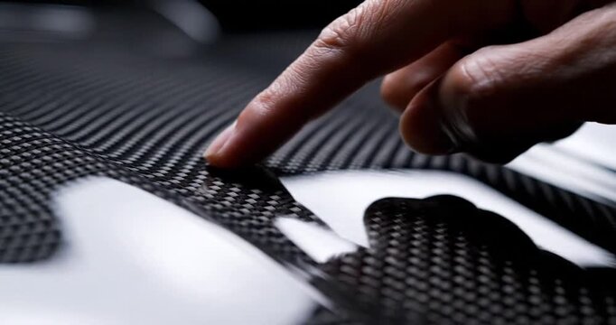 Close-up of a finger gently touching a glossy surface of a carbon fiber material in a studio