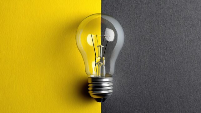 A glowing incandescent bulb contrasts against a divided backdrop of yellow and gray, symbolizing ideas and innovation.
