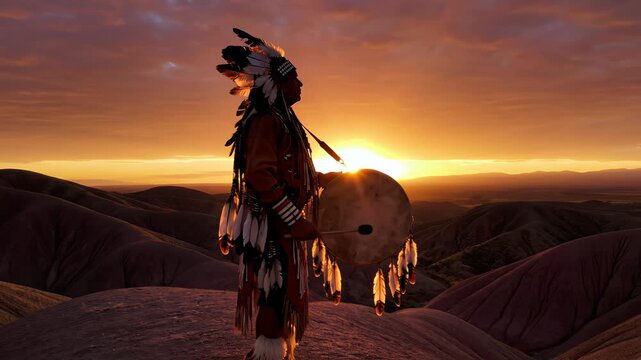 Native American with Drum at Sunset