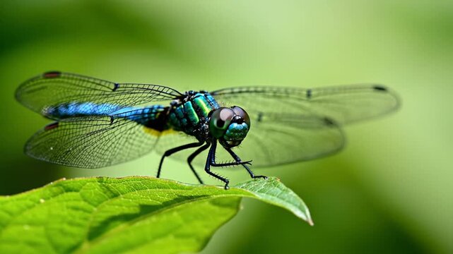 A vibrant, detailed shot of a dragonfly perched on a textured green leaf against a blurred background