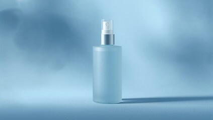 Blue Cosmetic Bottle with Spray Pump on Soft Blue Background