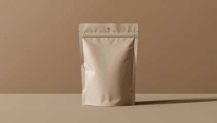 Empty kraft paper pouch standing on minimalist beige surface with soft natural lighting for packaging design