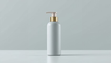 Empty white soap dispenser bottle with gold pump minimalist hygiene product mockup clean design studio background