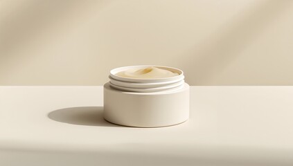 White Cream Jar with Open Lid on Minimalist Beige Background with Soft Lighting