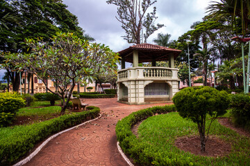 Fototapeta premium A classic Brazilian bandstand in a quiet public garden in Nuporanga, Sao Paulo state. A symbol of traditional architecture and community life in small towns of Brazil.