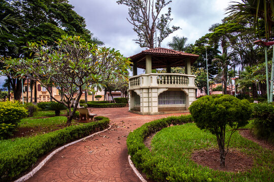 A classic Brazilian bandstand in a quiet public garden in Nuporanga, Sao Paulo state. A symbol of traditional architecture and community life in small towns of Brazil.