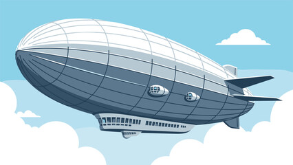 Naklejka premium Large silver zeppelin airship soaring through a blue sky with soft white clouds in a detailed flat illustration.