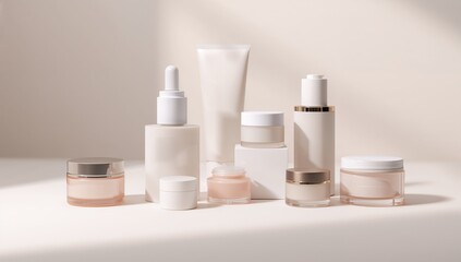 Luxurious Skincare Products Arranged on White Surface with Soft Lighting