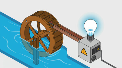 Minimalist educational diagram of a hydroelectric power system, wooden water wheel partially submerged in river water, mechanical shaft connected to a generator unit with warning symbol