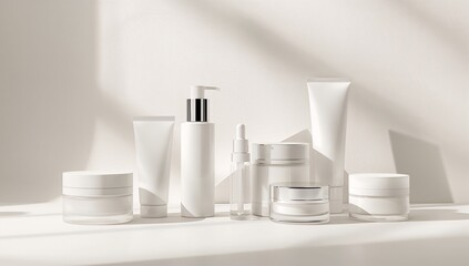 Minimalist white skincare products set on bathroom shelf with soft natural lighting and clean aesthetic
