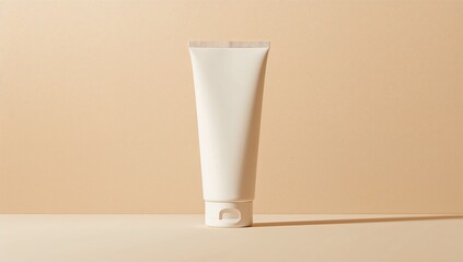 Empty white plastic sunscreen lotion tube standing on minimalist beige background with soft natural lighting for skincare and beauty product mockup