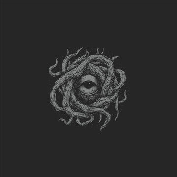 Vintage engraving style illustration of a single, realistic human eye encased within a dense, chaotic nest of gnarled tree roots or writhing tentacles