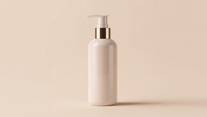 White Pump Bottle with Silver Accent on Beige Background, Cosmetic Packaging