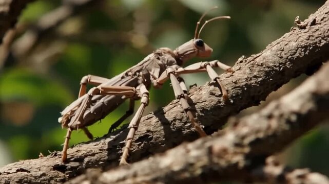Brown Praying Mantis on Tree Branch.
