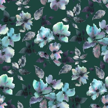 Abstract watercolor rose flower creative allover design seamless floral pattern new concept textile design flower digital creators art repeating design dark green colour background stock design 
