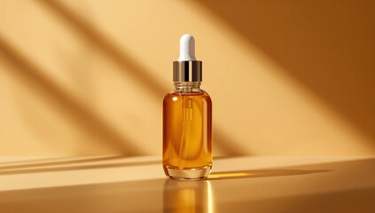 Amber glass essential oil bottle with dropper on wooden surface in warm sunlight natural wellness aromatherapy