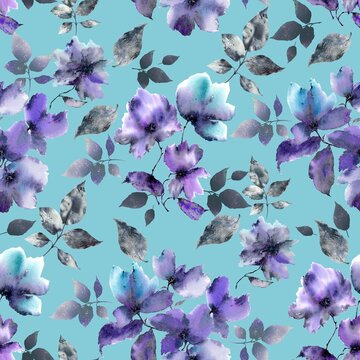  Abstract watercolor rose flower creative allover design seamless floral pattern new concept textile design flower digital creators art repeating design cyan blue colour background stock design 
