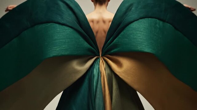 Conceptual fashion photo of a woman's bare back with large emerald green and gold fabric wings for editorial, magazine, and advertising design