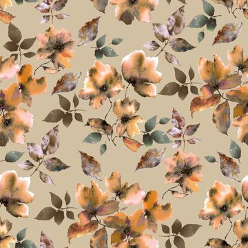 Abstract watercolor rose flower creative allover design seamless floral pattern new concept textile design flower digital creators art repeating design light yellow background stock design 
