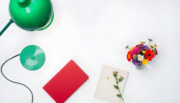 Modern tabletop composition: green desk lamp on the left, closed red notebook beside a beige card or envelope with a single flower placed on top, small bouquet of colorful flowers in a clear vase on t