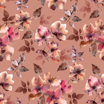 Abstract watercolor rose flower creative allover design seamless floral pattern new concept textile design flower digital creators art repeating design reddish orange colour background stock design 
