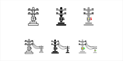 Line icon collection of electric poles, transformers, and connected power lines representing transmission and distribution systems in electrical infrastructure.
