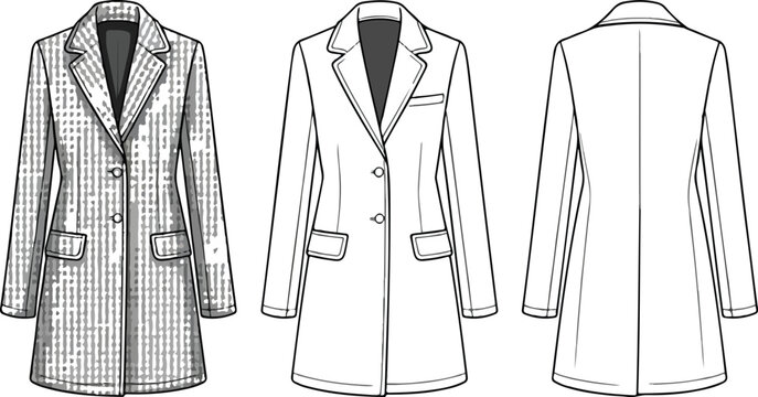 Women&rsquo;s Long Coat CAD Drawing &ndash; Houndstooth Pattern Front and Back View