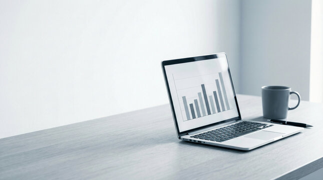 Modern workspace featuring a laptop displaying a growth chart, set on a clean desk, creating an ideal hero background for business analytics