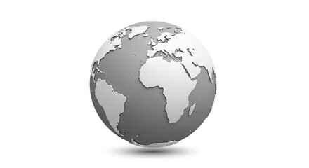 Obraz premium A 3D rendered grayscale globe centered on Africa and the Middle East is displayed on a white background.