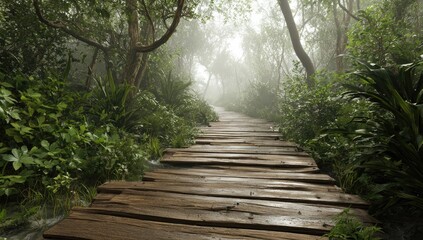 Fototapeta premium Misty jungle path of weathered wood, verdant foliage, and towering trees