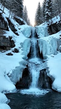 Winter waterfall cascades down icy s surrounded by snow-covered forest.