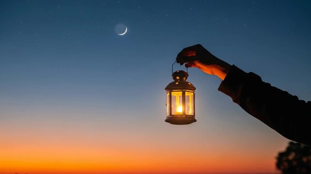 Hand holding a glowing lantern against a beautiful sunset sky with a crescent moon, symbolizing hope and tradition.