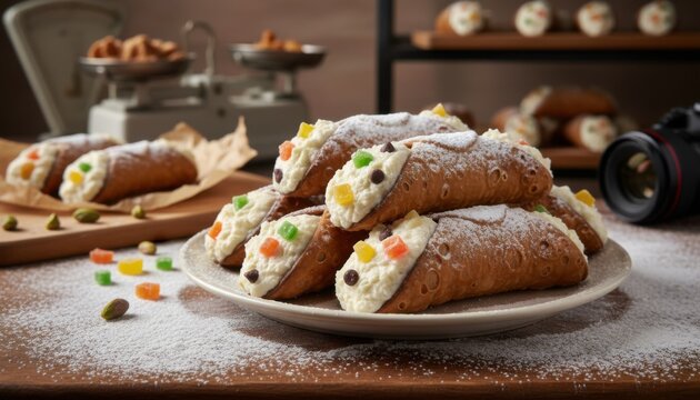 Freshly Baked Cannoli Crisp Pastry with Cream Filling and Candied Fruit, Captured in a Delicious Food Photograph