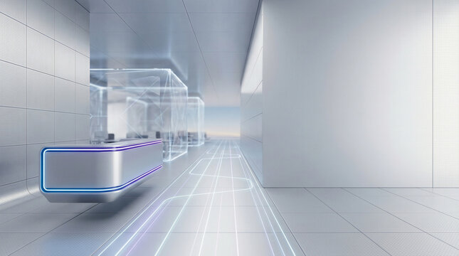 Sleek futuristic office reception area with glowing elements as a modern business background and hero image for technology concepts