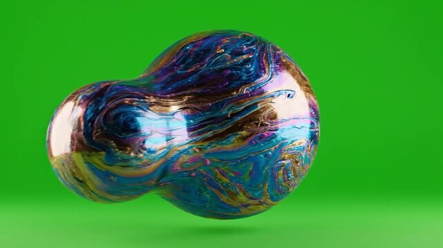 Iridescent liquid blob with vibrant colors morphing on a green screen background