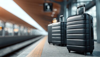 Fototapeta premium Sleek black luggage stands ready on a modern, sunlit train platform